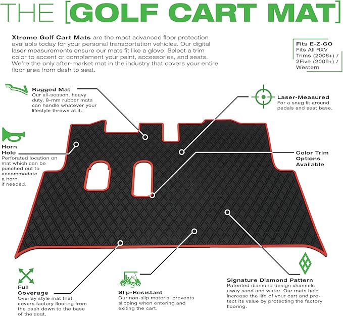 Xtreme Mats EZGO RXV Golf Cart Mat, Full Coverage Golf Cart Floor Liner Mat - Only Fits EZGO RXV (2008-2022) & 2Five (2009+) - Black with Red Trim