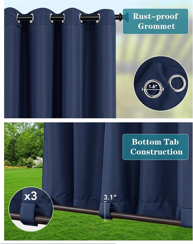 Windproof Outdoor Curtains for Patio Waterproof 4 Pcs 54x84 In Navy | Grommet - Image 2