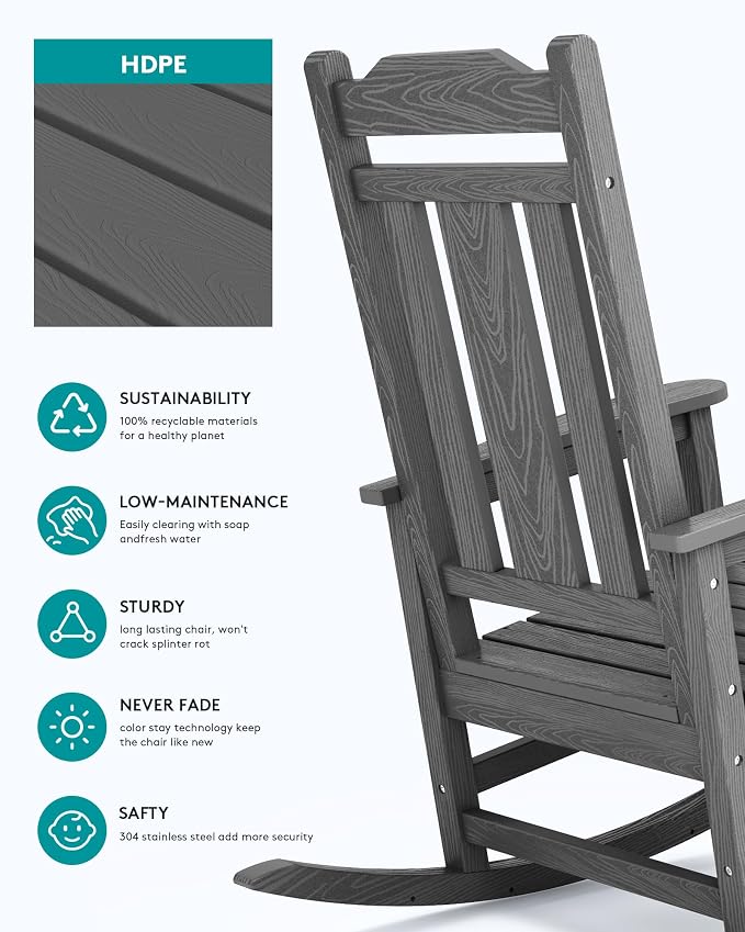SERWALL Outdoor Rocking Chair, HDPE Oversized Rocking Chair Outdoor - Image 7