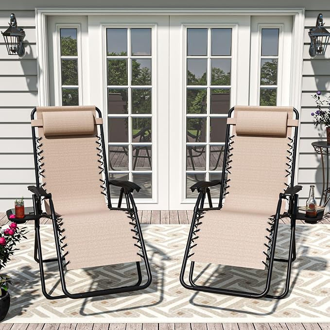 Set of 2 Adjustable Zero Gravity Lounge Chairs Outdoor Recliner w/Cup Holder - Image 8