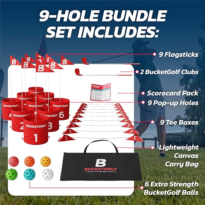 BucketGolf 9 Hole Bundle - Outdoor Golf Game for All Ages. Adults, Kids, Family. Play Anywhere. Yards, Beach, Park, Backyard. Includes 2 Right-Handed Clubs