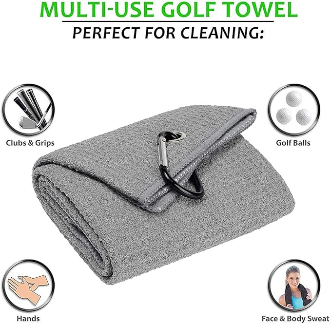 Golf Towels, Microfiber Waffle Pattern Tri-fold Golf Towel - Brush Tool Kit with Club Groove Cleaner, with Clip Men Women Golf Gifts (2 Grey Towel+Black Brush)