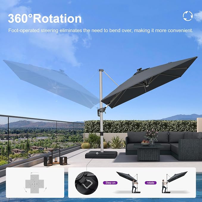 PURPLE LEAF Cantilever Umbrella 9' X 12' Solar LED Light Patio Deck, Support to - Image 6