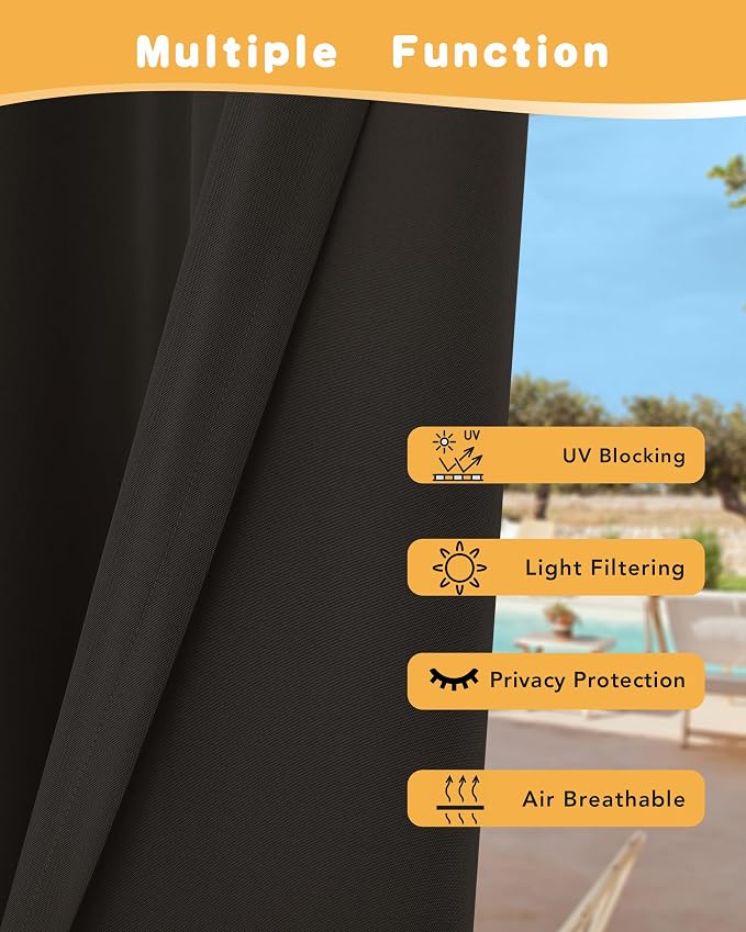 Outdoor Curtains for Patio Waterproof 2 Pcs 54x84 Inch Chocolate | Poolside - Image 3