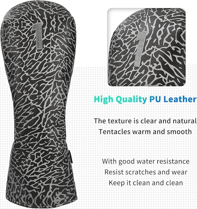 Golf Driver Head Covers 3-Pack for Men & Women - Premium PU Leather with Elephant Embroidery, Double Elastic Band (Driver/Fairway/Hybrid), Waterproof & Durable - White Grey or Black Grey