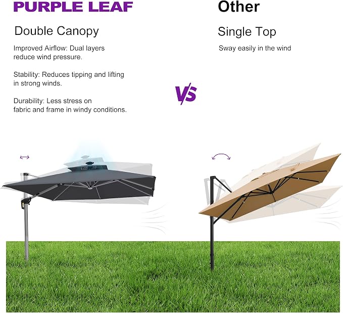 PURPLE LEAF Cantilever Umbrella 12'X12' Double Top Solar LED Light, Stays bright - Image 8