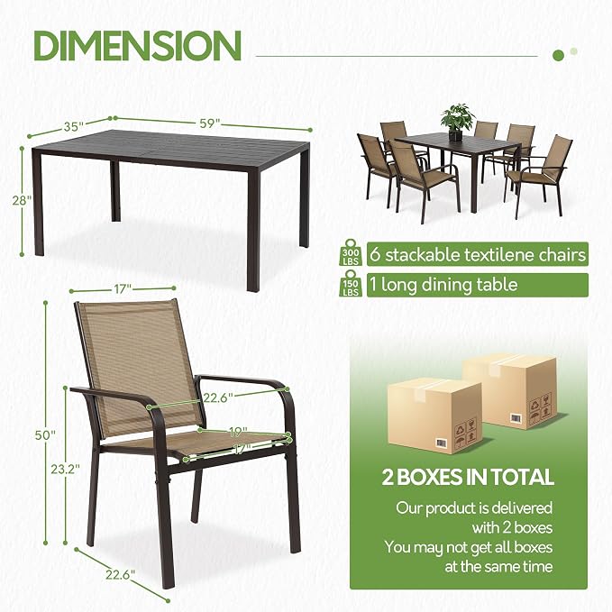 7 Piece Patio Dining Set for 6 | 6 Stackable Textilene Chairs and 1 Dining - Image 2