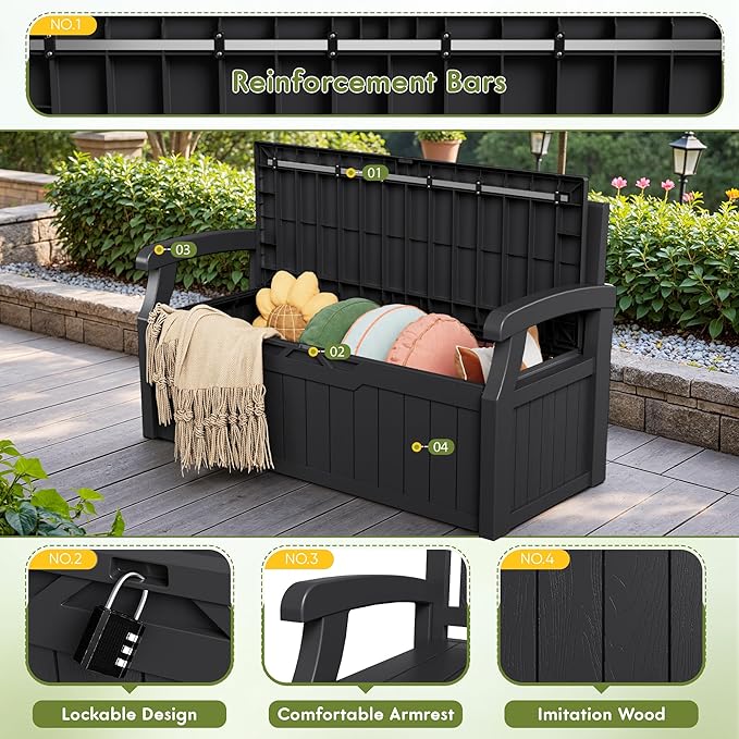 Greesum 80 Gallon Deck Box Storage Bench, Patio Furniture, Dark Black | Lockable - Image 3