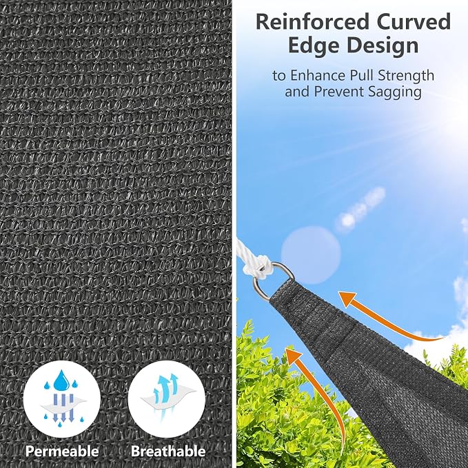 8' x 10' Rectangle Sun Shade Sail, 185 GSM HDPE, Dark Grey | 95% UV block - Image 3