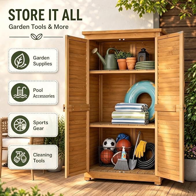 Outvita Outdoor Storage Cabinet, 63in Wooden Garden Tools Shed, Natural | 2 - Image 4