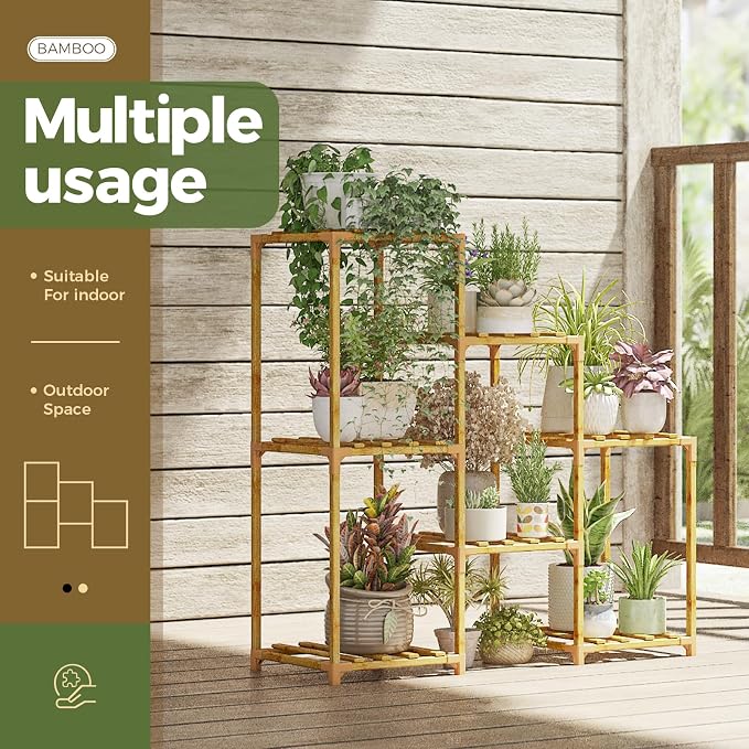 Bamworld Bamboo Plant Stand Indoor Boho Plant Shelf Tiered Plant Rack | - Image 3