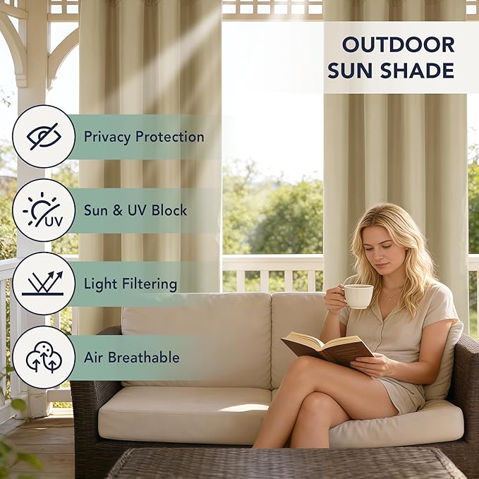 Outdoor Curtains for Patio Waterproof, 6 Drape Panels, Sun Shades | Privacy & - Image 3