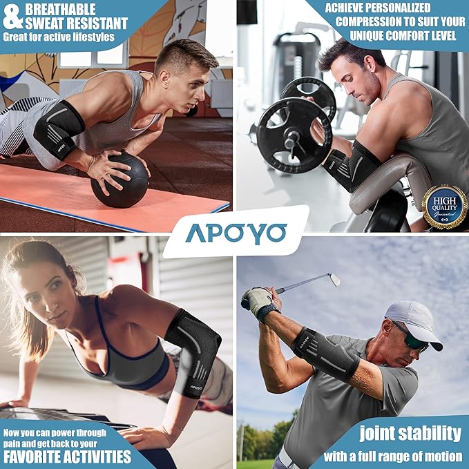 APOYO Elbow Brace for Tendonitis and Tennis Elbow, Elbow Compression Sleeve, Tennis Elbow Brace for Women and Men w/ Adjustable Strap for Tennis Elbow Relief, Weightlifting, Arthritis, Workouts,