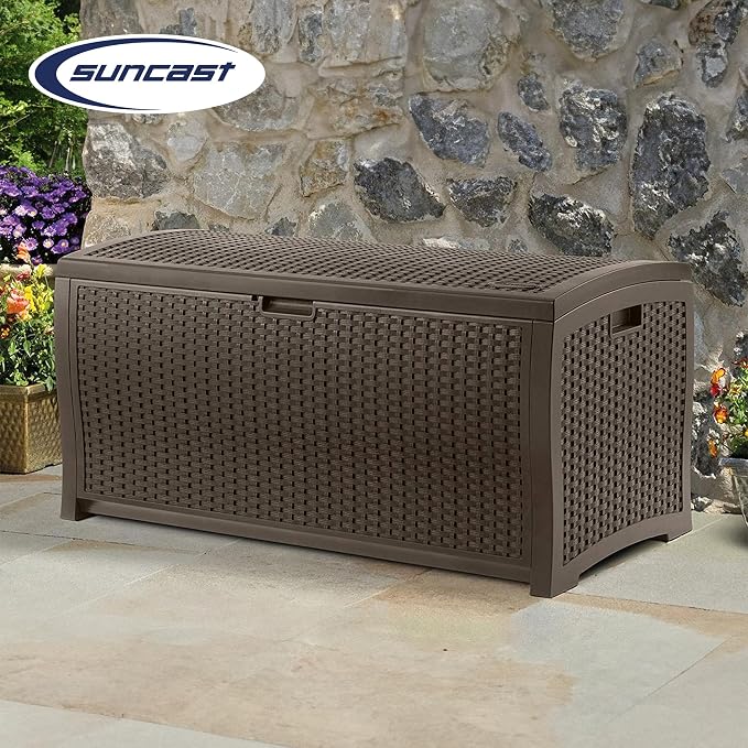 Suncast 99 Gallon Deck Garden Garage Home Wicker Resin Pool Box - Image 4