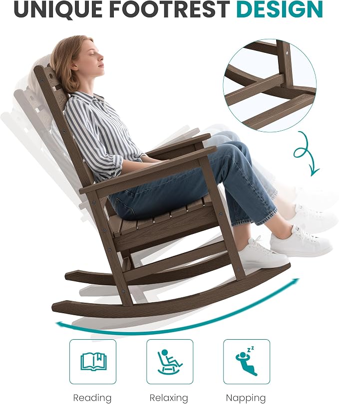 SERWALL Outdoor Rocking Chair Set of 2, Oversized HDPE Rocker, Coffee | Heavy - Image 8