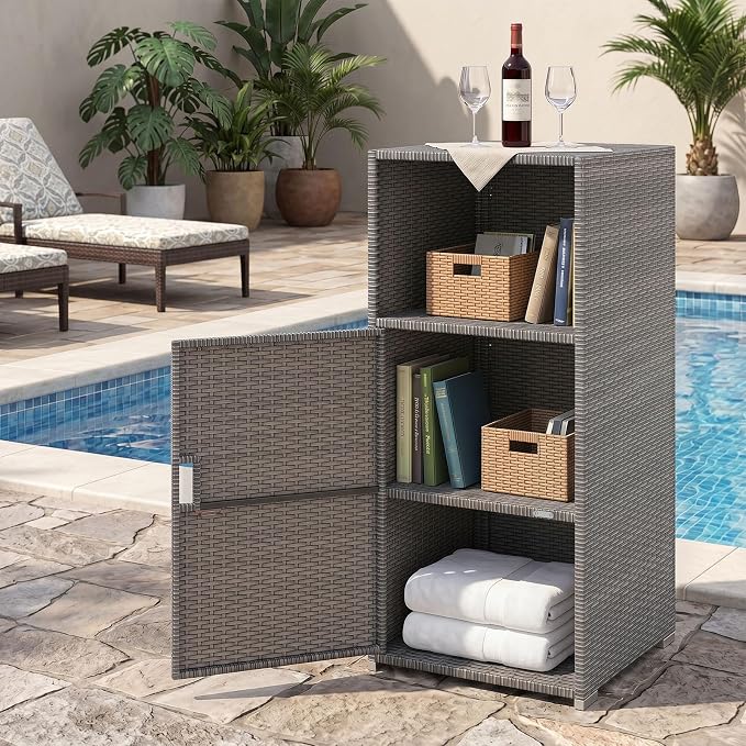 Tangkula Rattan Outdoor Storage Cabinet, Patiojoy PE Wicker Outdoor Cabinet - Image 8