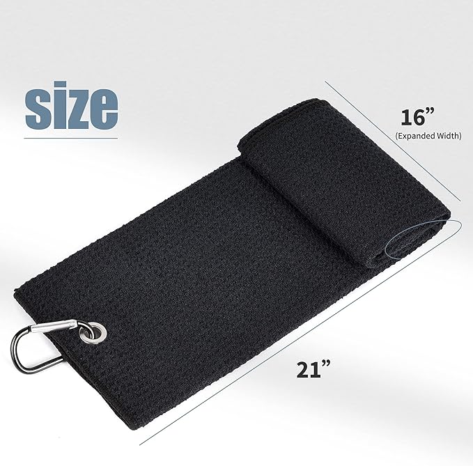 Mile High Life Tri-fold Golf Towel | 16" X 24" | Premium Microfiber Fabric | Waffle Pattern | with Heavy Duty Carabiner Clip | for Men and Women (2 Pack Black)