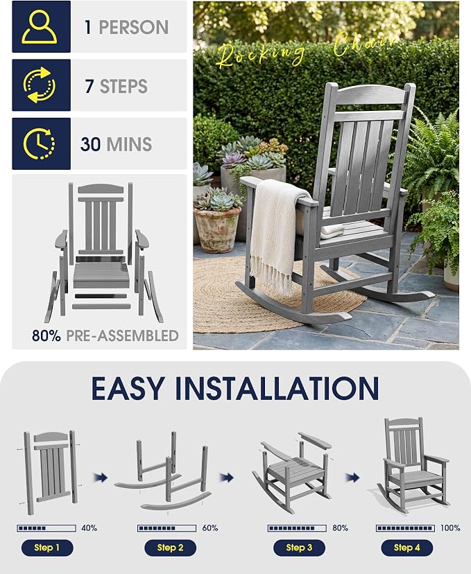 Oversized Outdoor Rocking Chair Set of 2, Porch Rockers, Light Gray | - Image 8
