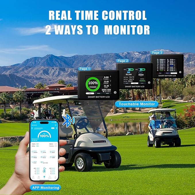 48V Lithium Battery Golf Cart,48V 72Ah Golf Cart Batteries with 18A Charger,Built-in 200A BMS,Metal Casing,Supports Bluetooth Mobile APP,Touch Monitor,6000+ Cycles,Peak Current 600A,Max 10.24kW