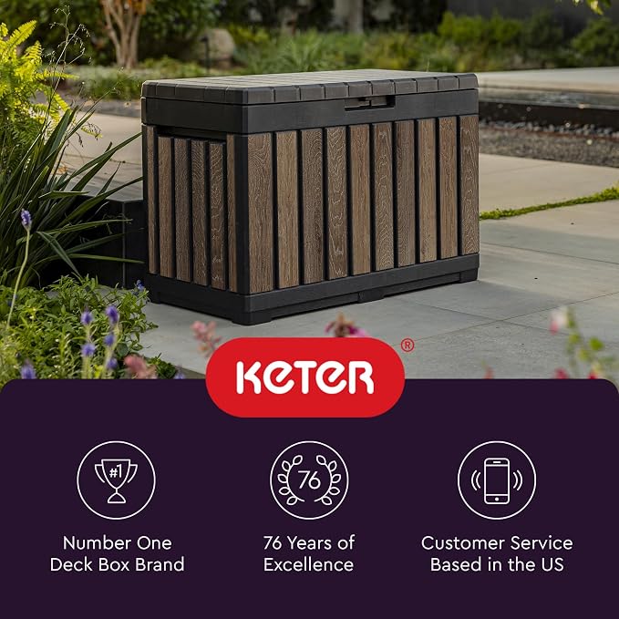 Keter Premium Everwood 50 Gal Outdoor Storage Box and Patio Side Table | Walnut - Image 10