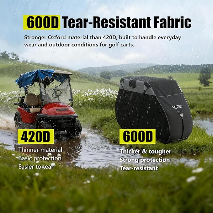 YSPACE 600D Waterproof Golf Cart Cover for 4+2 Passengers, Fits EZGO, Club Car, Yamaha, Honda, Heavy-Duty Polyester with Reflective Strips & Triple Windproof Straps