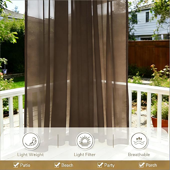 Outdoor Sheer Curtains for Patio Waterproof, 2 Panels Rod Pocket Indoor/Outdoor - Image 5