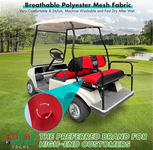 10L0L Golf Cart Front and Rear Seat Cover Set for EZGO TXT RXV 4 Passenger Models Bench Seat Covers Kit Breathable Washable Polyester Mesh Cloth Gray Black Beige Red (S+XS)