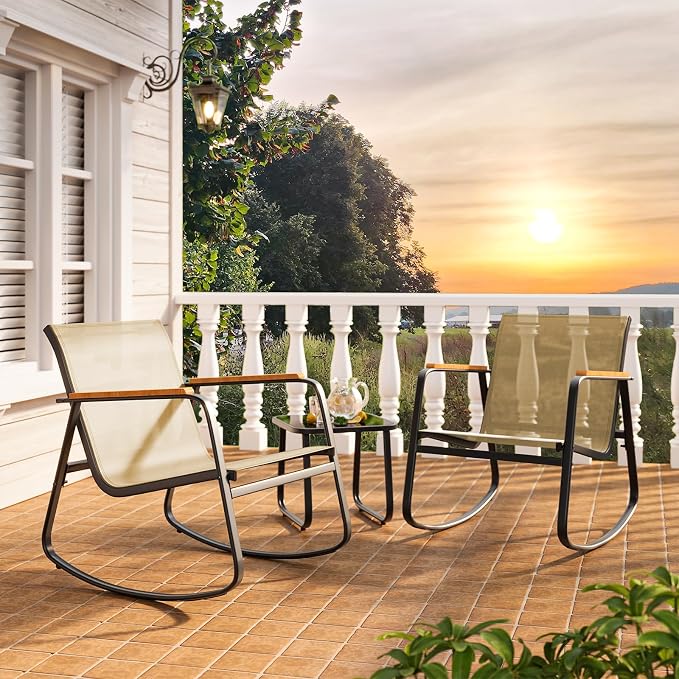 3-Piece Outdoor Rocking Bistro Set, Patio Set Textilene, Backyard and Poolside - Image 6