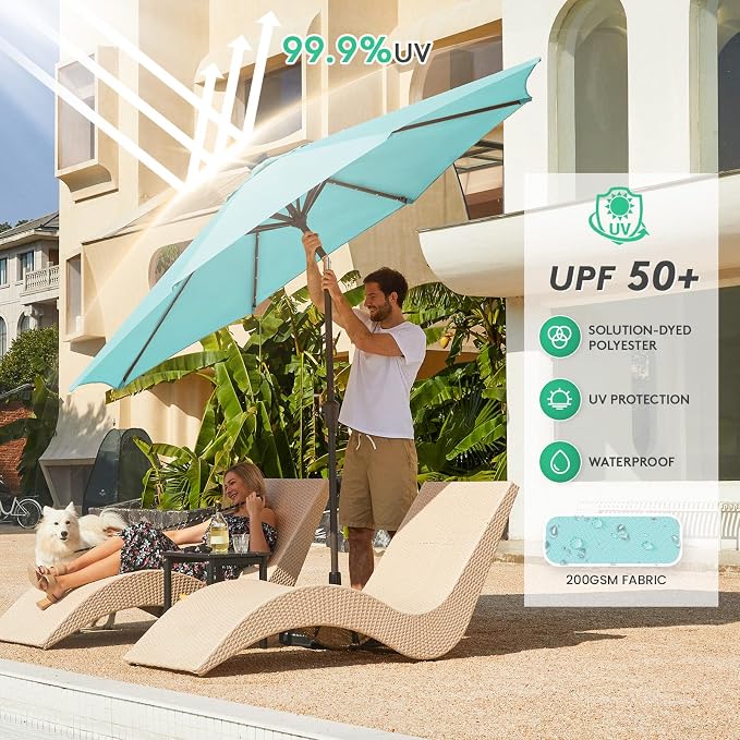 JEAREY 9' Patio Umbrella with Solar Lights, LED Umbrella, Teal | Outdoor Table - Image 5