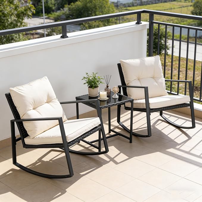 SUNCROWN 3 Piece Outdoor Rocking Bistro Set Black Wicker Furniture Porch Chairs - Image 5