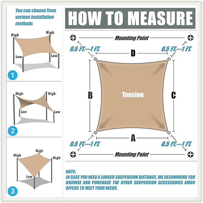Amgo Custom Size 13' x 21' Beige Rectangle Square Sun Shade Sail UPF50+ - Image 6