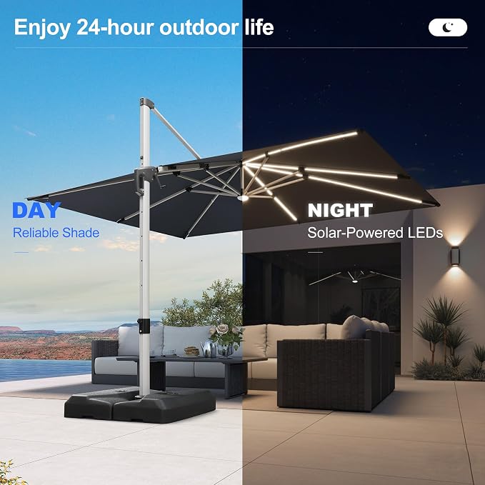 PURPLE LEAF Cantilever Umbrella 9' X 12' Solar LED Light Patio Deck, Support to - Image 4
