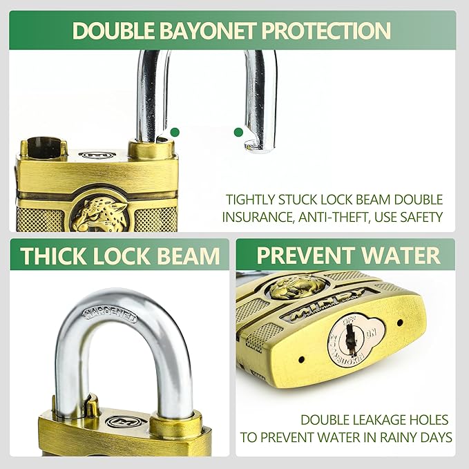 50mm Heavy Duty Waterproof Keyed Padlock with 4 Keys Resettable for Outdoor Use, Brass Finish