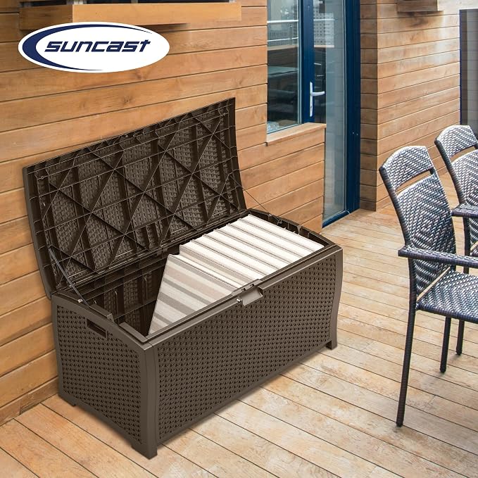 Suncast 99 Gallon Deck Garden Garage Home Wicker Resin Pool Box - Image 5