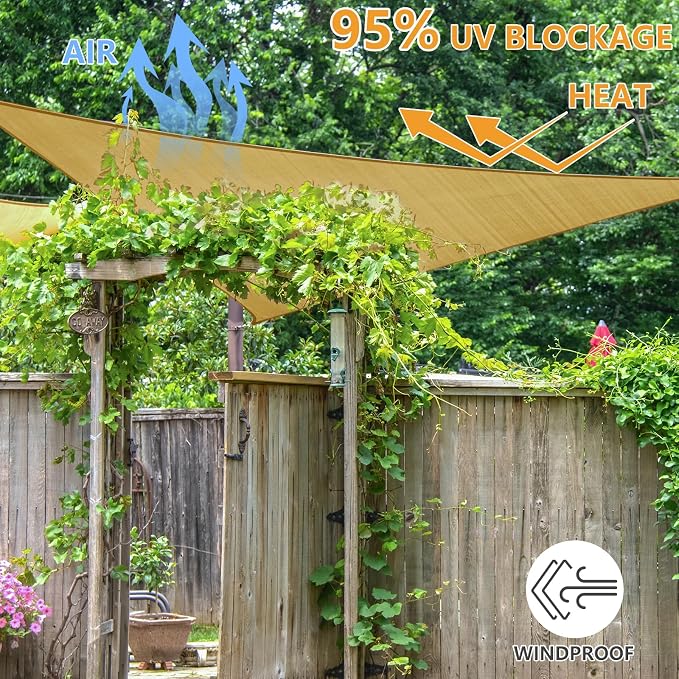 16' x 16' x 16' Triangle Sun Shade Sail, 185 GSM HDPE, Sand | 95% UV block - Image 6
