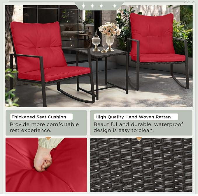 SUNCROWN 3 Piece Outdoor Rocking Bistro Set Black Wicker Furniture Porch Chairs - Image 6