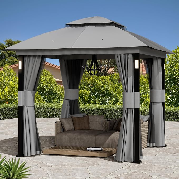 Patio Gazebo 8'x8' with LED Lights & Bluetooth Speaker, Heavy Duty Outdoor by CoveredOutdoor