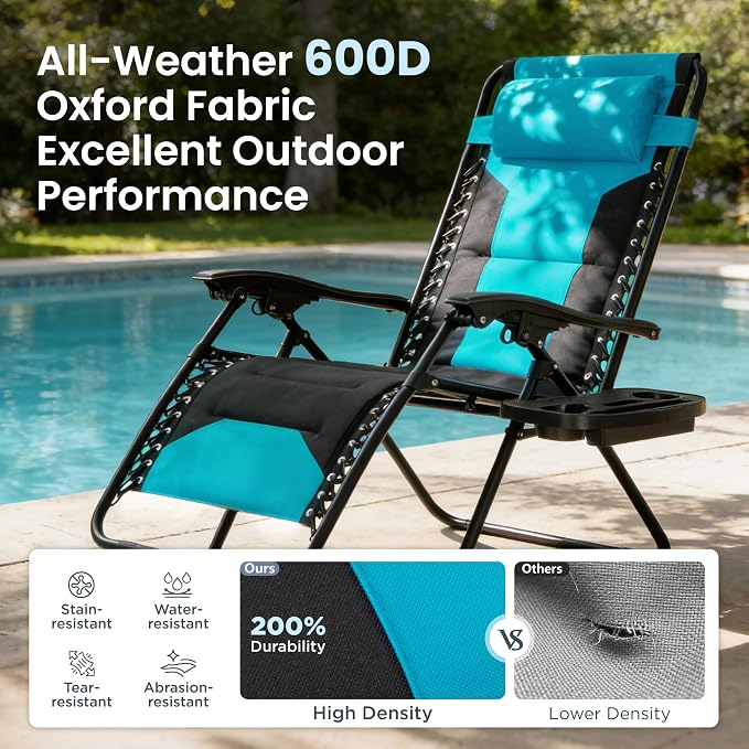 PHI VILLA Padded Zero Gravity Chair Set of 2, Cup Holder, 28in Seat, Aqua | - Image 7
