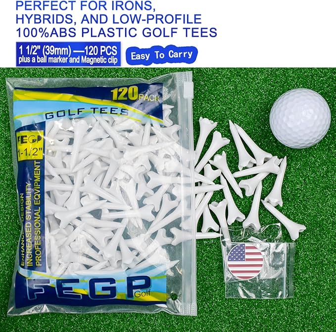 1 1/2 Inch Plastic Golf Tees,Short Tees 120 Pack-4 Prongs with Low Friction Design for Iron,Par Threes,Hybrids and Driving Range,with High Stability and Low-Friction White Golf Tees
