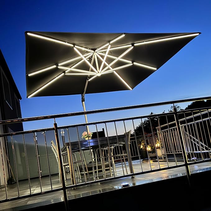 PURPLE LEAF Cantilever Umbrella 12'X12' Double Top Solar LED Light, Stays bright by PURPLELEAF