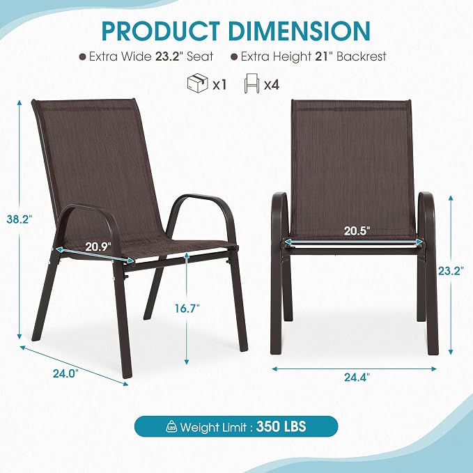 24.4" Wide Outdoor Patio Stackable Chairs Set of 4, Outside Furniture - Image 3