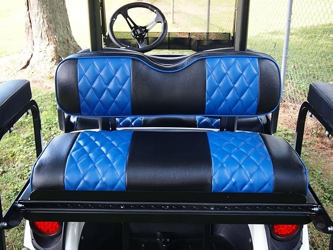 Huskey 4PCS Golf Cart Front/Rear Seat Covers for EZGO Medalist/TXT 94-13 Custom Two-Tone Black/Blue Diamond Stitching with Blue Piping, Marine Grade Vinyl Material, Staple on Design