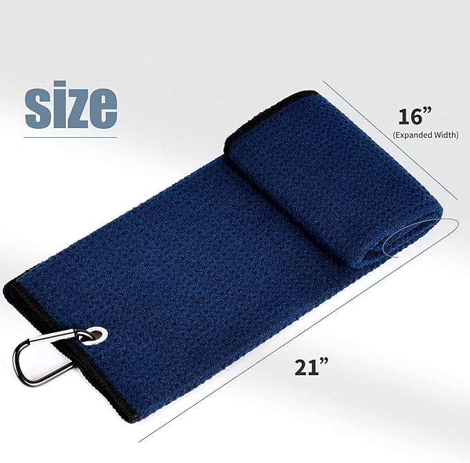Mile High Life Tri-fold Golf Towel | 16" X 24" | Premium Microfiber Fabric | Waffle Pattern | with Heavy Duty Carabiner Clip | for Men and Women (2 Pack Navy)