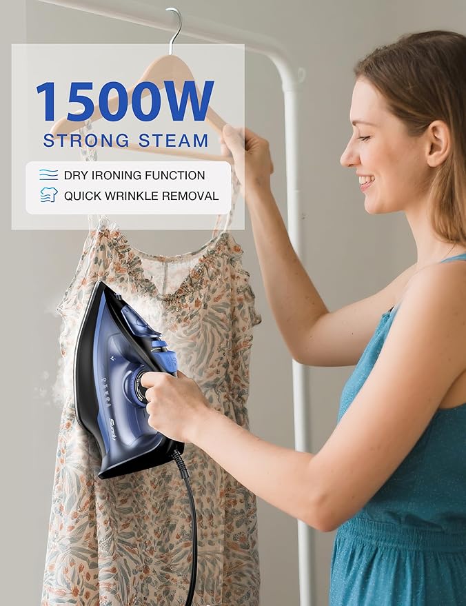 Sundu Steam Iron for Clothes with Rapid Heating Ceramic Coated Soleplate, 1500W with Precise Thermostat Dial, Self-Cleaning, Auto-Off, 15.21oz Water Tank for Home Clothes Ironing Use, Blue