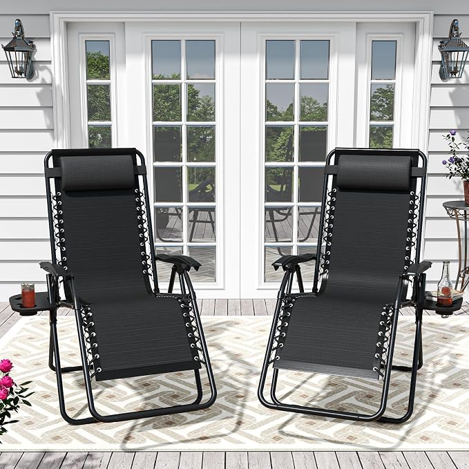 Set of 2 Adjustable Zero Gravity Lounge Chairs Outdoor Recliner w/Cup Holder - Image 8