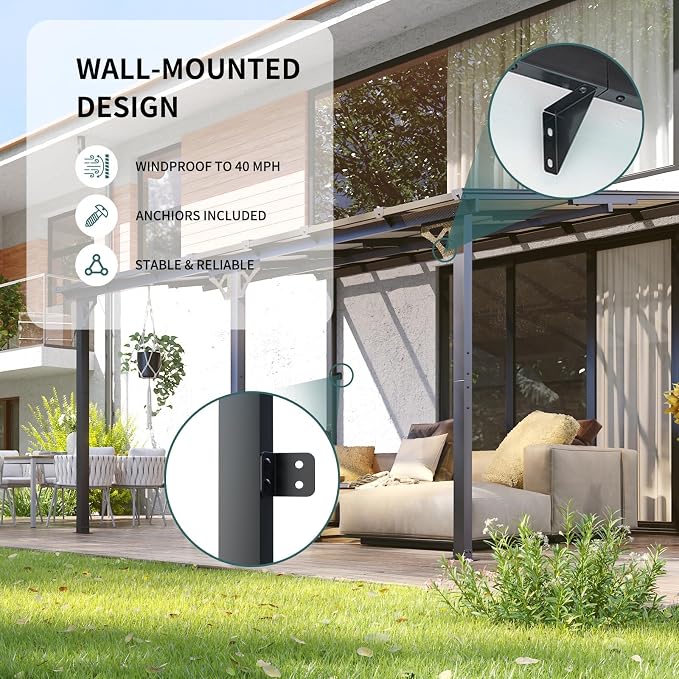 10x14FT Lean to Gazebo Pergola Patio Pergolas withSloped Roof | Large Wall - Image 9