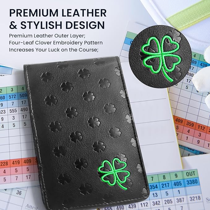 FINGER TEN Golf Scorecard Holder with 2 Free Pencils Value Pack, Premium Leather Yardage Books Cover Weatherproof, Lightweight Portable Score Tracking Accessories for Men Women