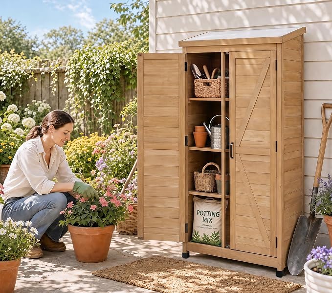 68'' Outdoor Storage Cabinet, Wooden Garden Tool Cabinet - Image 2