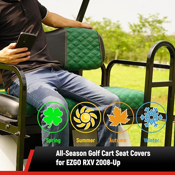 Golf Cart Front and Rear Seat Covers Waterproof and Sun Resistant Marine Grade Vinyl Leather Seat Cover Accessories for EZGO RXV 2008+, Green(4PCS)