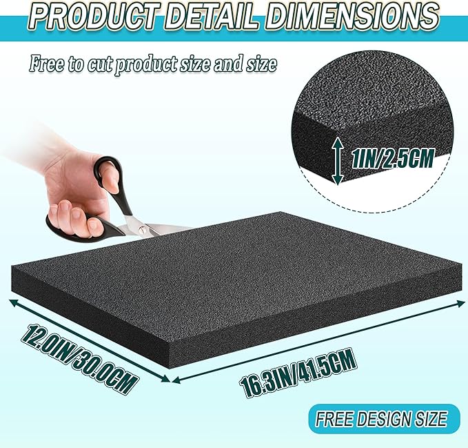 6 PCS Black Foam Padding- 16x12x1 Inch Polyurethane High Density Foam Cuttable Black Sheet Pad Cushioning Inserts for Packing Cases and Crafts